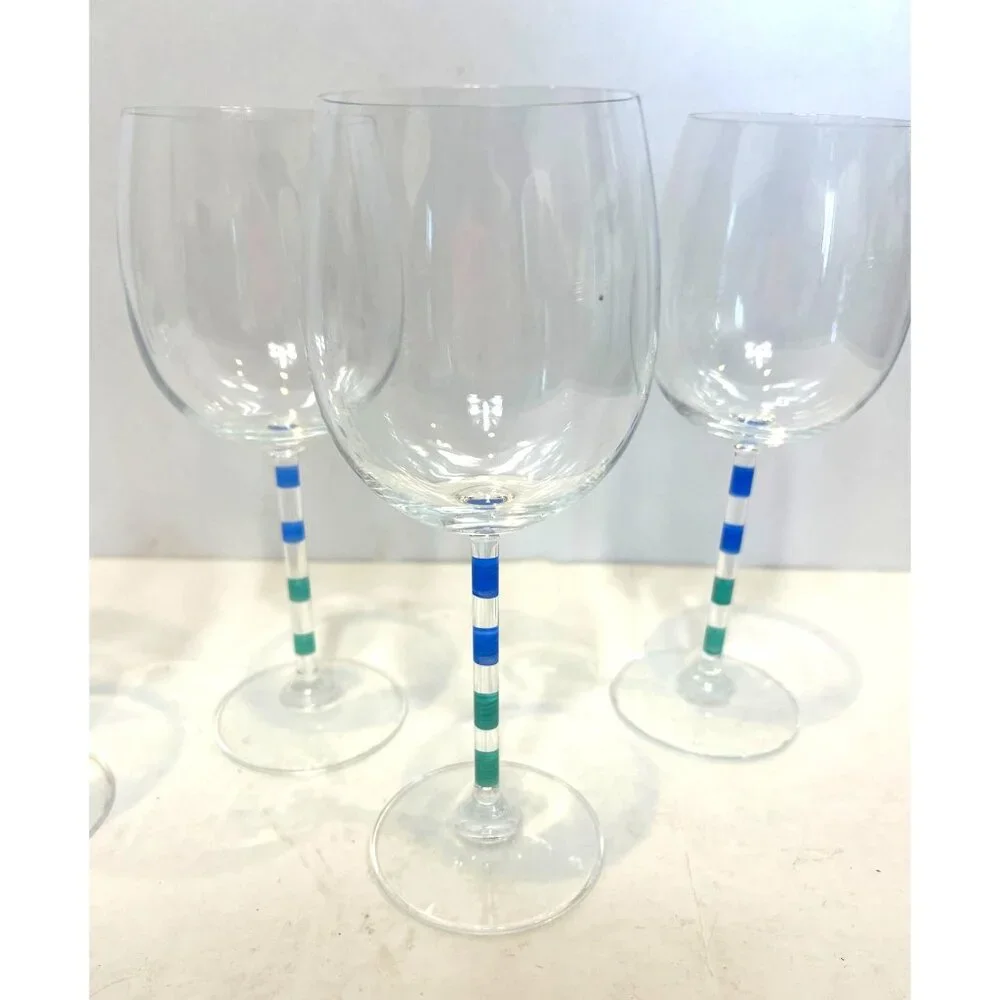Set (4) Vintage Pier 1 Hand Painted Water Goblets Wine Glasses Blue Green Stripe